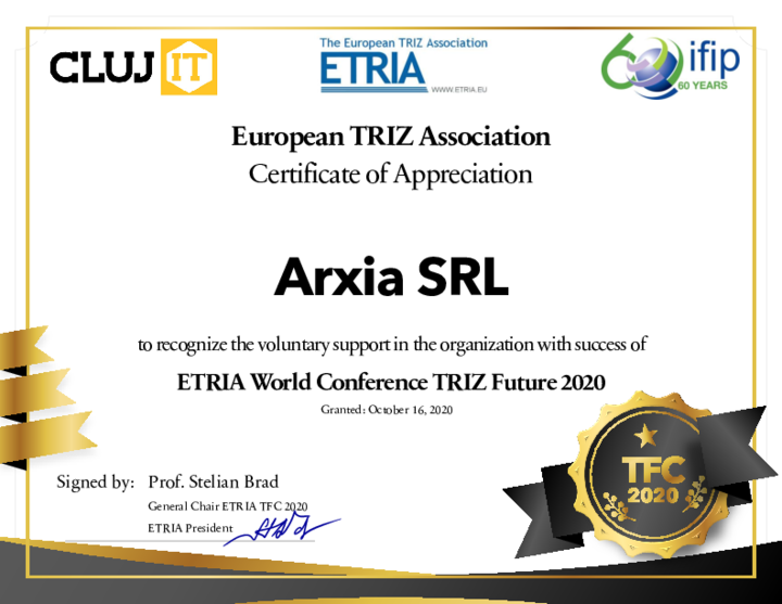 Arxia Certificate from ETRIA